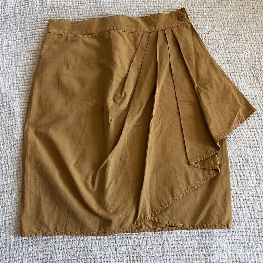 Genny Mini Skirt Womens 8 Tan Yellow Asymmetrical Pleated‎ Italy Designer Lined